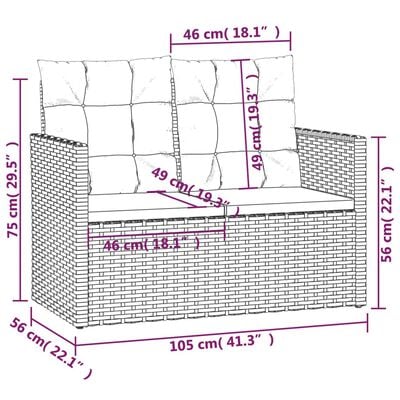 vidaXL Градинска пейка с възглавници, сива, 105 см, полиратан
