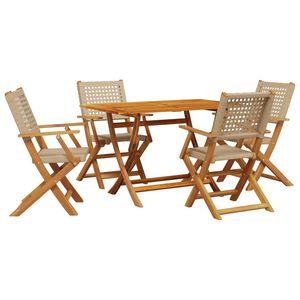 vidaXL Градински трапезен комплект, 5 части, бежов, полиратан и масив