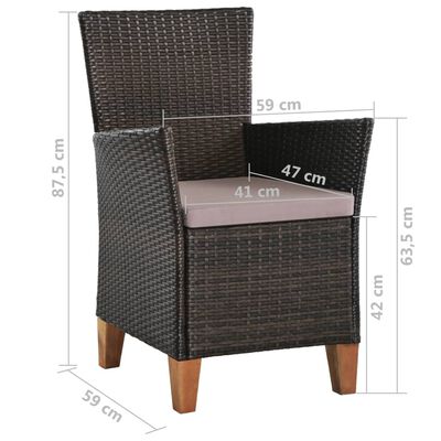vidaXL Външни столове с възглавници, 2 бр, полиратан, кафяви