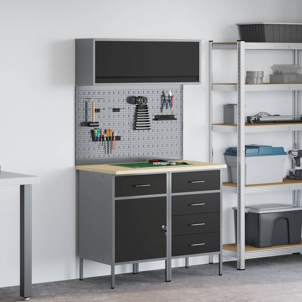 vidaXL Комплект работни шкафове с чекмедже с рафт 5 pcs Черно