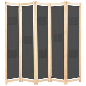 vidaXL Параван за стая, 5 панела, сив, 200x170x4 cм, текстил
