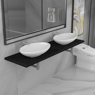 vidaXL Комплект мебели за баня от три части, керамика, черен