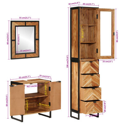 vidaXL Комплект мебели за баня, 3 части, желязо и масивна акация