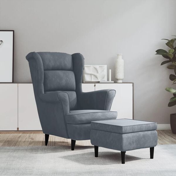 vidaXL Фотьойл Wingback с табуретка, тъмносив, кадифе