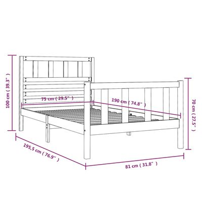 vidaXL рамка за легло сива 75x190 см Small Single дърво масив