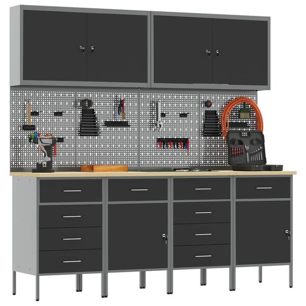 vidaXL Работен кабинет 10 pcs Черно Инженерна дървесина и стомана