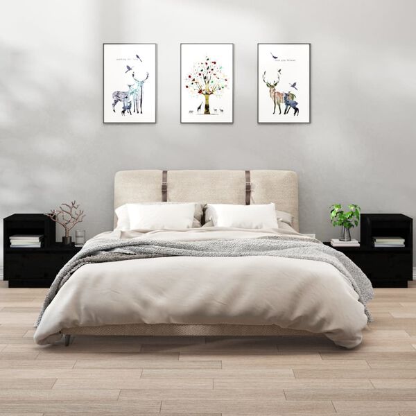vidaXL Нощни шкафчета, 2 бр, черни, 60x34x51 см, борово дърво масив
