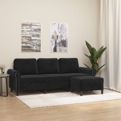 vidaXL 3-местен диван с табуретка, черно, 180 см, кадифе