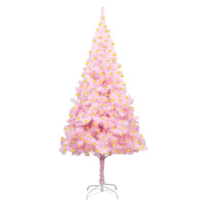 vidaXL Изкуствена осветена коледна елха със стойка розова 210 см PVC
