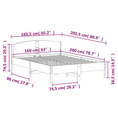 vidaXL Рамка за легло с табла, 160х200 см, бор масив