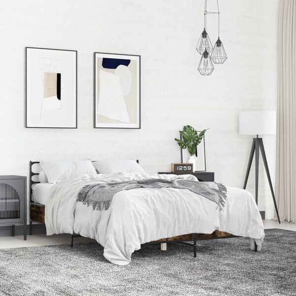 vidaXL Рамка за легло, опушен дъб, 135x190 см, инженерно дърво и метал