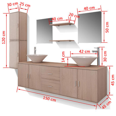 vidaXL комплект мебели от 11 части и мивка за баня, бежов цвят