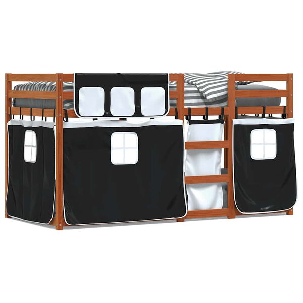 vidaXL Двуетажно легло със завеси, бяло и черно, 90x190 см, бор масив