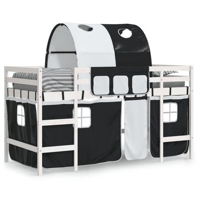 vidaXL Детско високо легло с тунел, бяло и черно, 80x200 см, бор масив