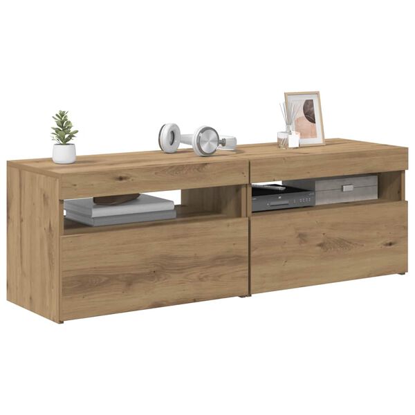 vidaXL Комплект от 2 части за телевизора с LED осветление Дъб Artisan