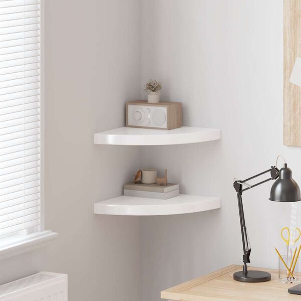 vidaXL Окачени ъглови рафтове, 2 бр, бял гланц, 35x35x3,8 см, МДФ