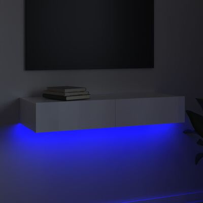 vidaXL ТВ шкаф с LED осветление, бял гланц, 90x35x15,5 см