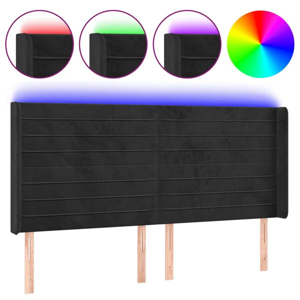 vidaXL LED горна табла за легло, черна, 163x16x118/128 см, кадифе