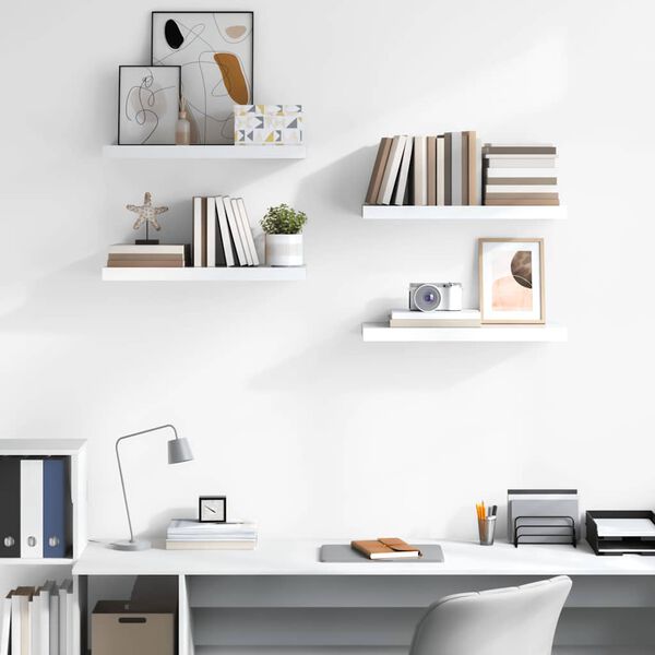 vidaXL Окачени стенни рафтове, 4 бр, бял гланц, 60x23,5x3,8 см, МДФ