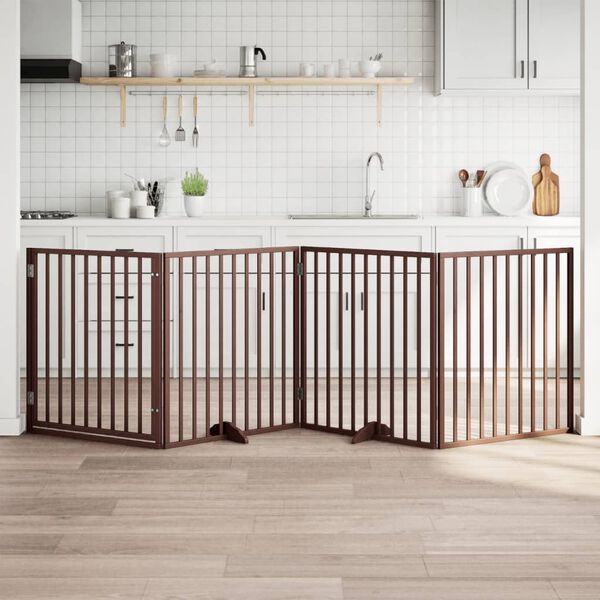 vidaXL Кучешка порта с врата, сгъваема, 4 панела, кафява, 320 см, тополово дърво