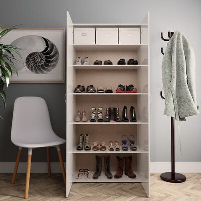 vidaXL Шкаф за обувки, бял гланц, 80x35,5x180 см, ПДЧ