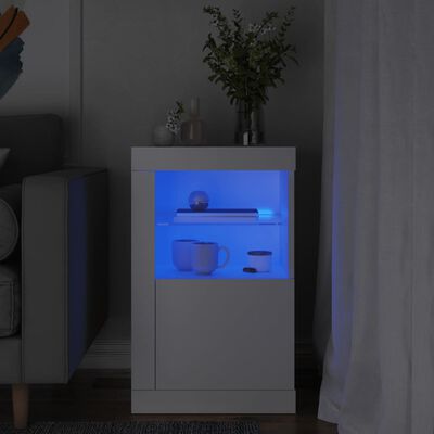 vidaXL Страничен шкаф с LED осветление, бял, инженерно дърво
