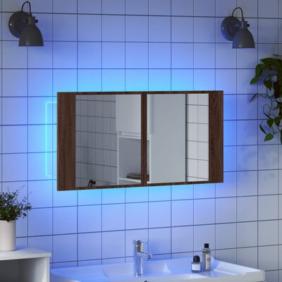 vidaXL Шкаф с LED огледало за баня, кафяв дъб, 90x12x45 см, акрил