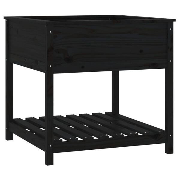 vidaXL Плантер с рафт, черен, 82,5x82,5x81 см, борово дърво масив