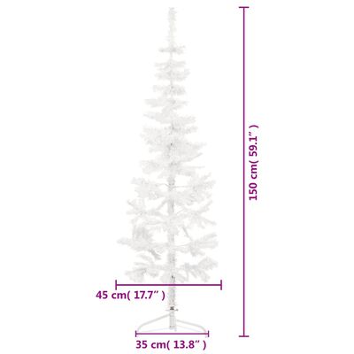 vidaXL Тънка изкуствена половин коледна елха със стойка бяла 150 см