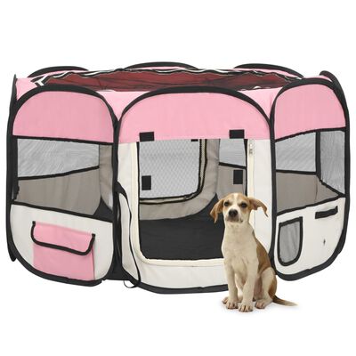 vidaXL Сгъваема кучешка кошара с чанта за носене розова 110x110x58 см