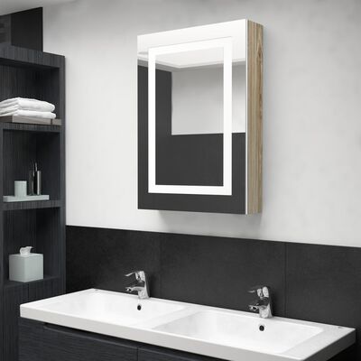 vidaXL LED шкаф с огледало за баня, бяло и цвят дъб, 50x13x70 см