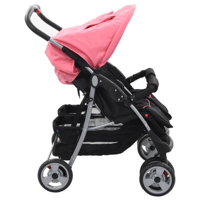 vidaXL Бебешка количка за близнаци, розово и черно, стомана