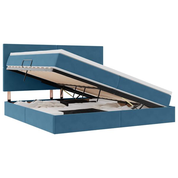 vidaXL Легло с място за съхранение и LED Тъмен син 200 x 200 cm Кадифе