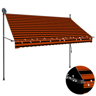vidaXL Ръчно прибиращ се сенник с LED, 250 см, оранжево и кафяво