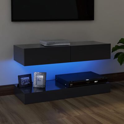 vidaXL ТВ шкаф с LED осветление, сив, 90x35 см