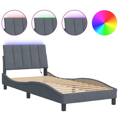 vidaXL Рамка за легло с LED осветление, тъмносива, 90x200 см, кадифе