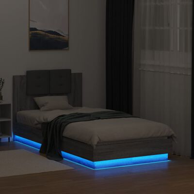 vidaXL Рамка за легло с табла и LED осветление, сив сонома, 75x190 см