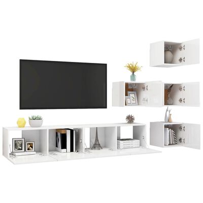 vidaXL Комплект ТВ шкафове от 6 части, бял гланц, ПДЧ