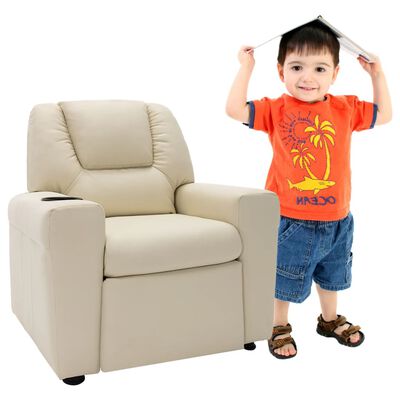 vidaXL Детско наклоняемо кресло, изкуствена кожа, кремавобяло