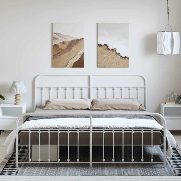 vidaXL Метална рамка за легло с горна и долна табла, бяла, 193x203 см