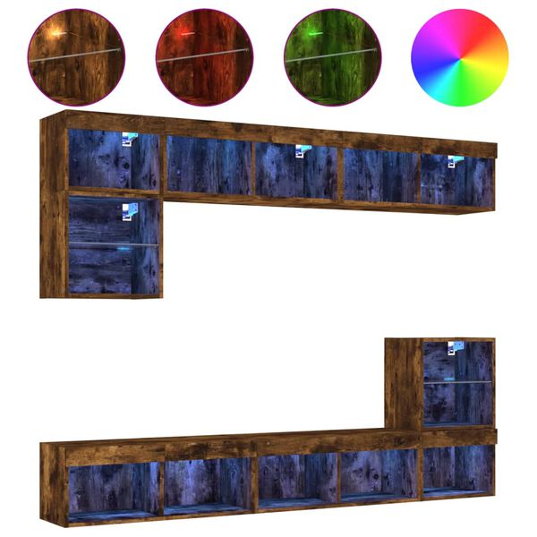 vidaXL ТВ стенни модули с LED, 8 части, опушен дъб, инженерно дърво