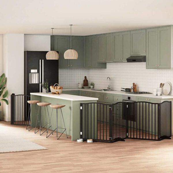 vidaXL Сгъваема преграда за куче с врата 8 панела черна 640 см топола