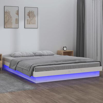 vidaXL LED рамка за легло бяла 180x200 см Super King дърво масив