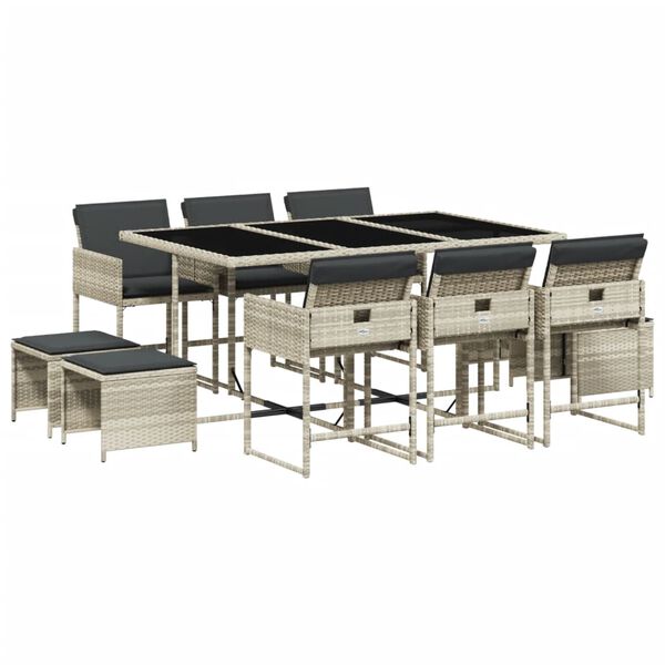 vidaXL Градински комплект с възглавници 11 части, светлосив полиратан