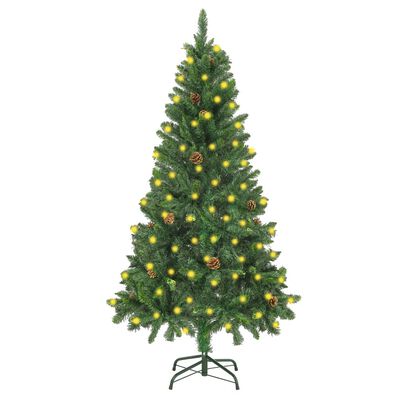 vidaXL Изкуствена осветена коледна елха украсена с шишарки 150 см