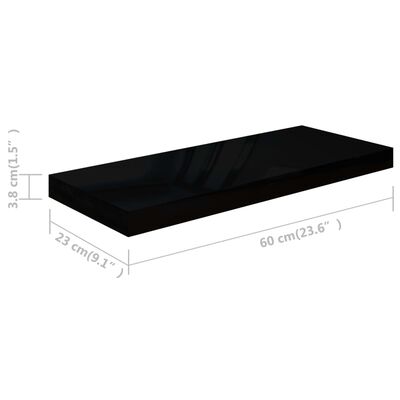 vidaXL Окачен стенен рафт, черен гланц, 60x23,5x3,8 см, МДФ