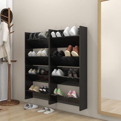 vidaXL Стенни шкафове за обувки, 4 бр, черен гланц, 60x18x60 см, ПДЧ