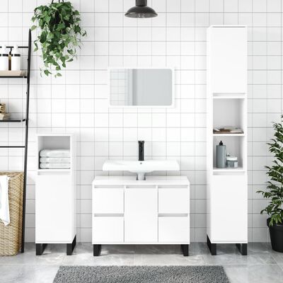 vidaXL Шкаф за баня, бял гланц, 30x30x100 см, инженерно дърво