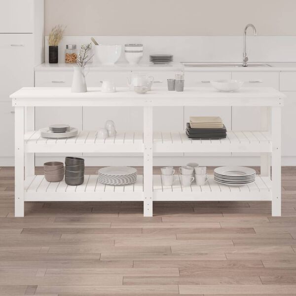 vidaXL Работна маса бяла 181x50x80 см борово дърво масив