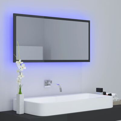 vidaXL LED огледало за баня, сив гланц, 90x8,5x37 см, акрил